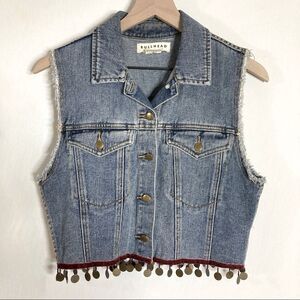 Bullhead Denim Jean Vest Jacket Size Medium Embellished Maroon Velvet Trim Crop
